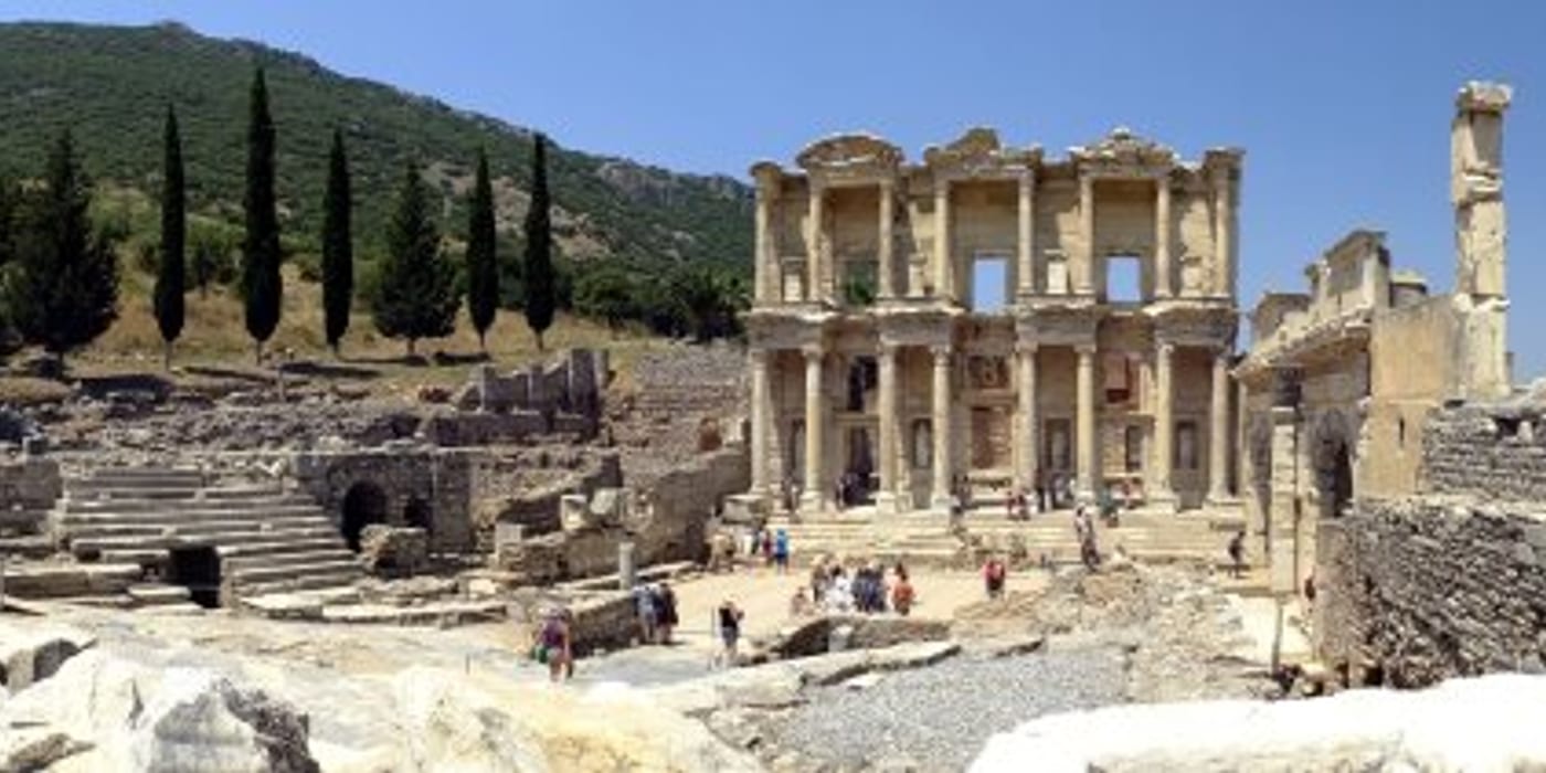 The Library of Celsus seen across the open square in Ephesus