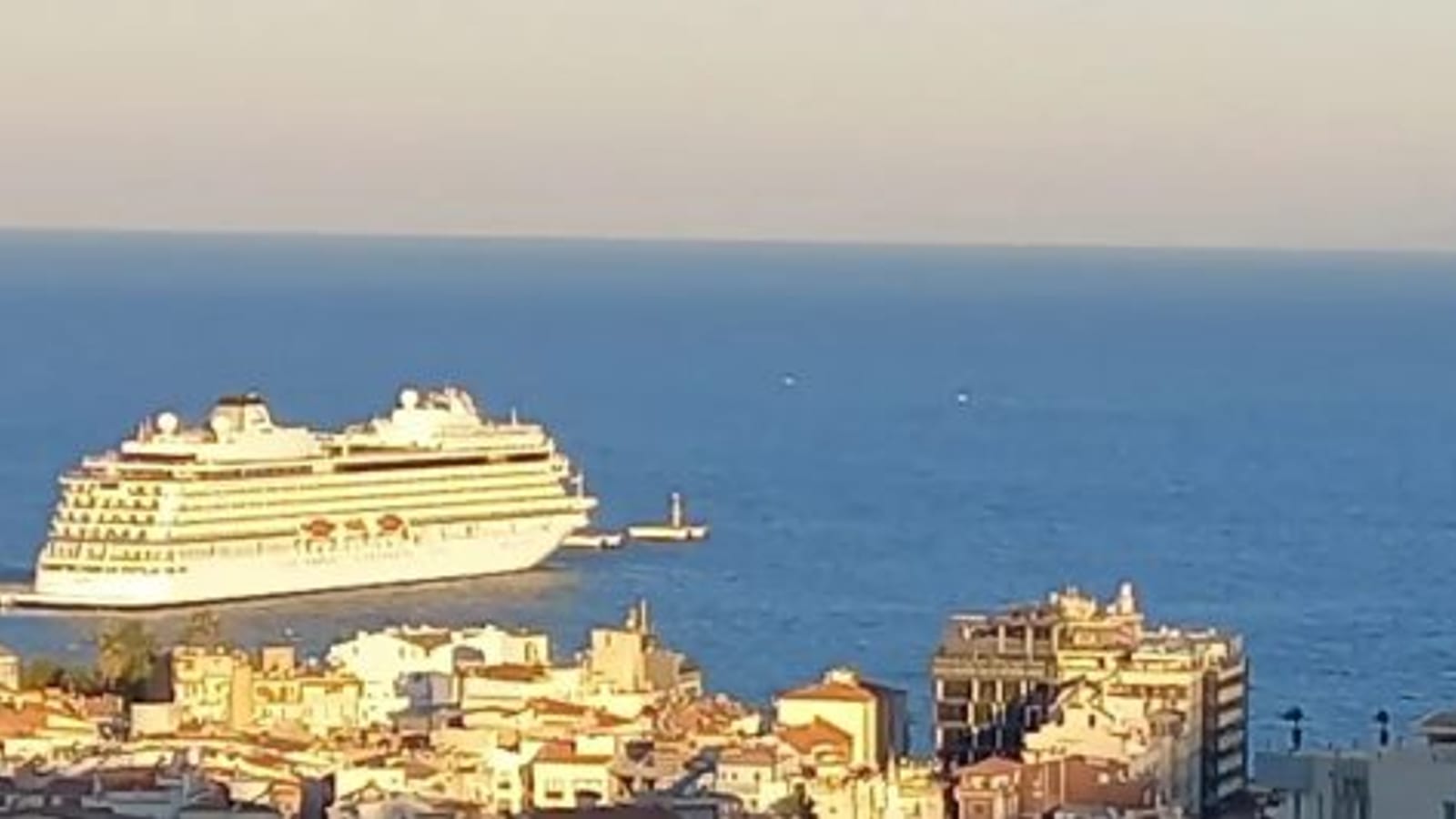 A cruise ship docked at the Kusadasi cruise port, the gateway to Ephesus