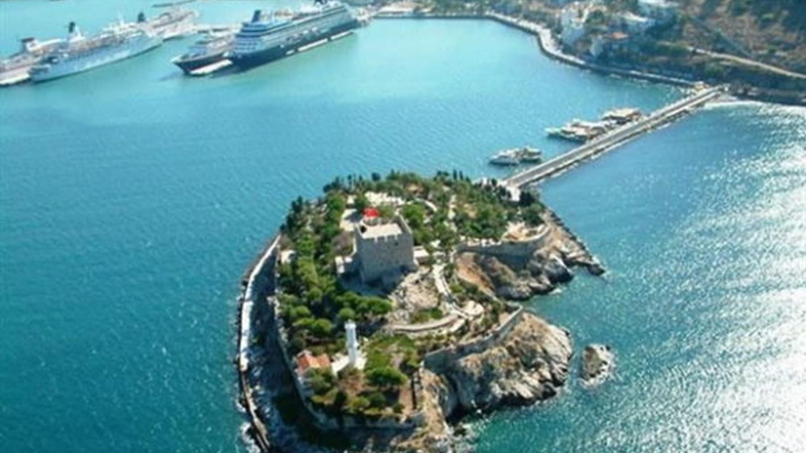 Aerial view of cruise ships docked at the Kusadasi port beside Pigeon Island