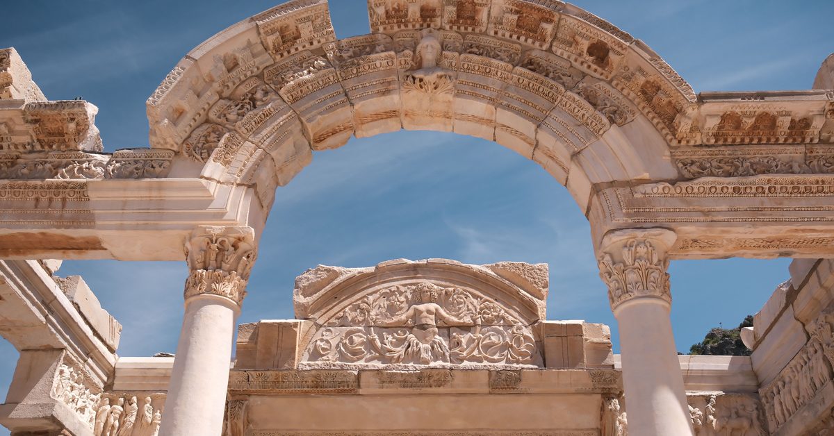 The carved arch of the Temple of Hadrian in Ephesus with its keystone bust