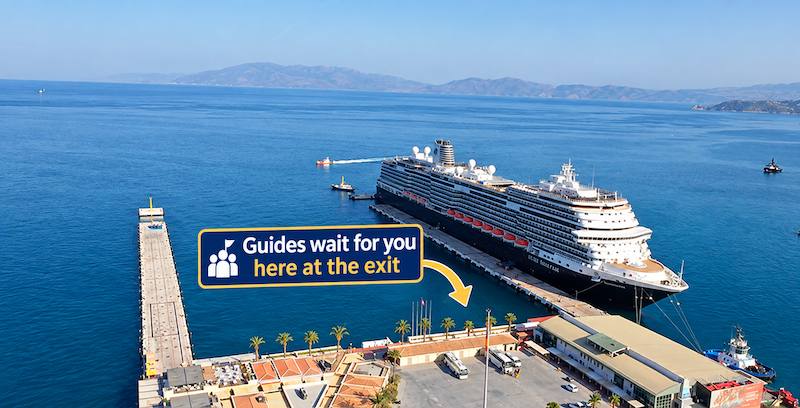 Aerial view of the Kusadasi cruise terminal with an arrow on the exit where the pier meets the town