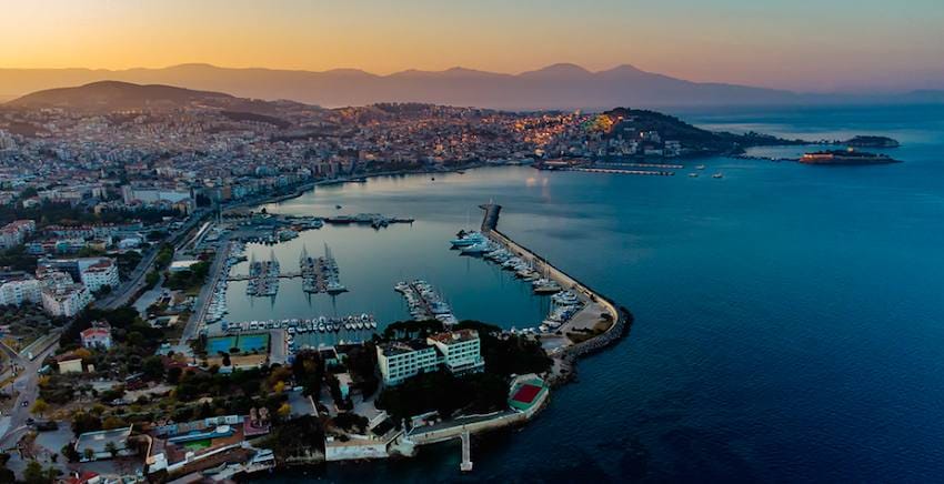 Kusadasi marina and bay at sunset seen from above