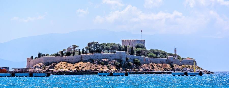 Pigeon Island and its fortress walls in Kusadasi harbor