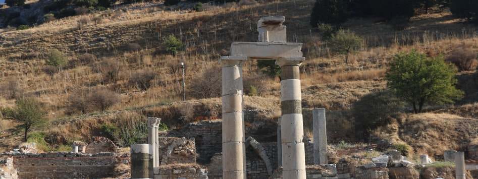 Close view of the two re-erected columns and architrave of the Ephesus Prytaneum