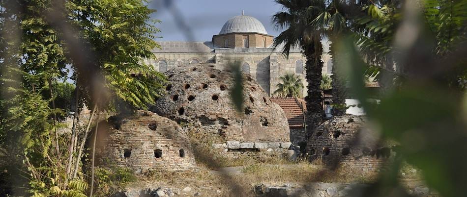 Ruined domed Turkish baths in Selcuk below the walls of Isa Bey Mosque