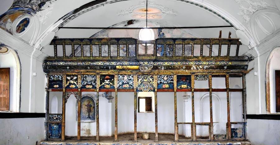 Interior of the abandoned Greek Orthodox church of Saint Demetrius in Sirince with its stripped wooden iconostasis